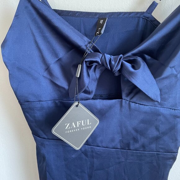 Zaful - Navy Blue Tie Front Satin Cami Dress - Picture 12 of 16